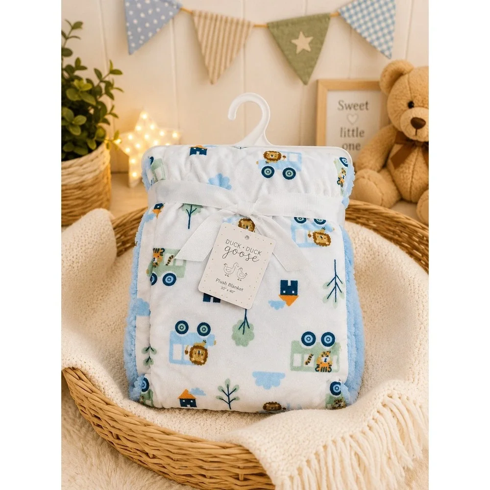 Duck Duck Goose Baby Plush Blanket 30x40 Blue Animal Train Nursery NEW